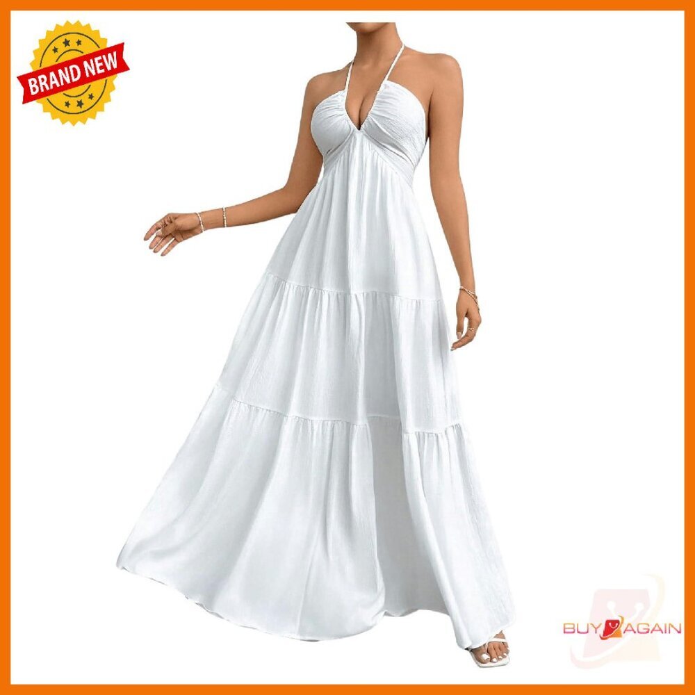Deep V Neck Tie Knot Backless Halter Maxi Dress Flowy Ruffle A-Line